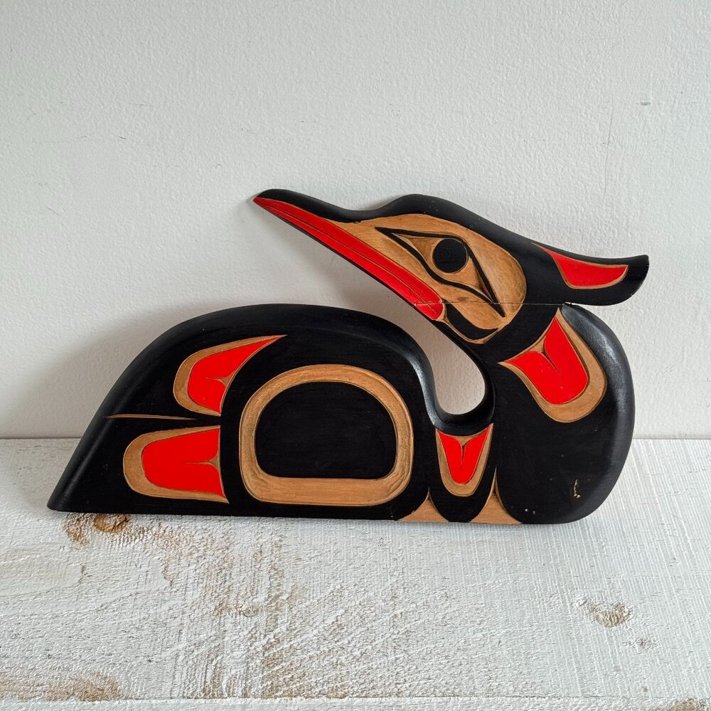 Vintage Wood Carving of a Black and Red Bird By Joe Campbell of the Musqueam Nat